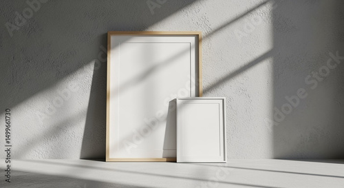 Blank picture frames on textured wall with shadows