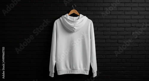 Blank White Hoodie Mockup: A pristine white hoodie hangs on a wooden hanger against a dark brick wall, providing a clean and stylish template for design presentations or apparel marketing.
