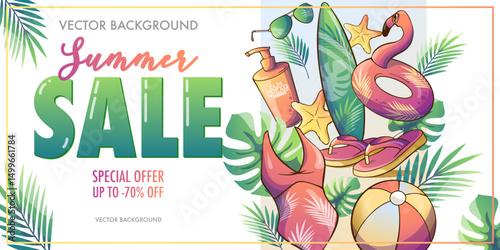 tropical summer banner sale with palm leaves, monstera and painted summer holiday attributes, flamingo, ball, swimsuit, surfboard, sunscreen, flip-flops. tropical banner, 