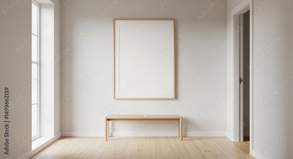 Fototapeta premium Minimalist empty room with blank frame wooden bench