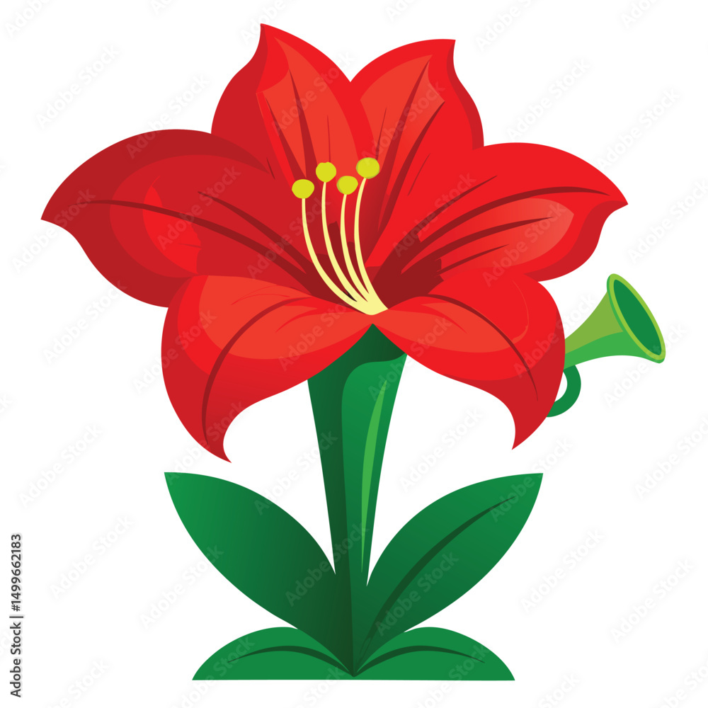 A vibrant red amaryllis with large trumpet shaped flowers