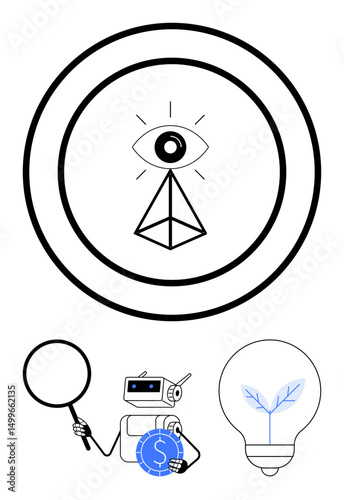 All-seeing eye encircled with triangular focus, robot analyzing with coin, magnifier, and lightbulb growing leaves. Ideal for artificial intelligence, innovation, precision, robotics, analysis