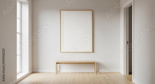 Minimalist empty room with blank frame wooden bench