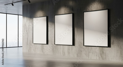 Modern empty art gallery interior with three blank frames on concrete wall and large window