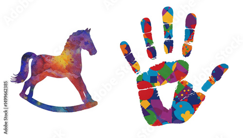 Colorful artistic handprint and rocking horse vibrant watercolor pattern