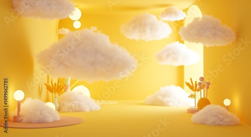 Cozy surreal room filled with yellow clouds