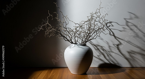 White ceramic vase with dry branches casting dramatic shadows