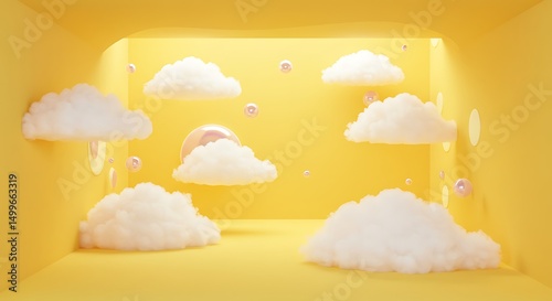 Dreamy minimalist interior with white clouds