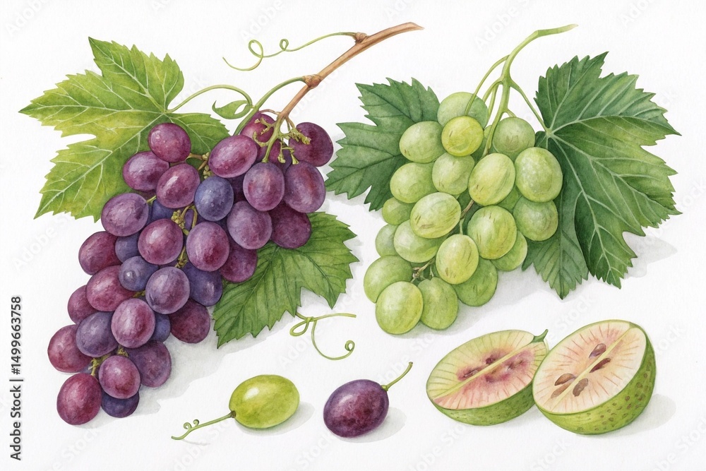 Obraz premium Exquisite Watercolor Grape Varieties: A vivid watercolor painting showcases an artful arrangement of two distinct grape bunches alongside individual grapes and a cross-section.