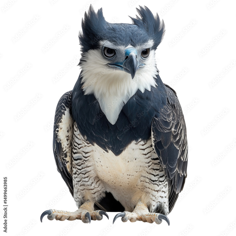 Fototapeta premium Majestic harpy eagle perched confidently with striking appearance, isolated on transparent background, cutout PNG