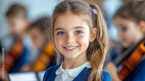 Smiling young girl is posing for a portrait in her school orchestra classroom with violin players visible in the background.
