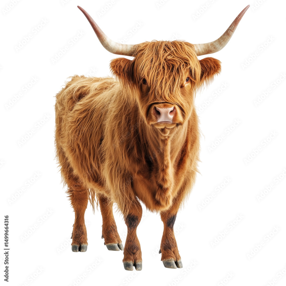 Highland cow standing confidently with a fluffy coat and prominent horns isolated on transparent background, cutout PNG Highland cow standing confidently with a fluffy coat and prominent horns isolated on transparent background, cutout PNG