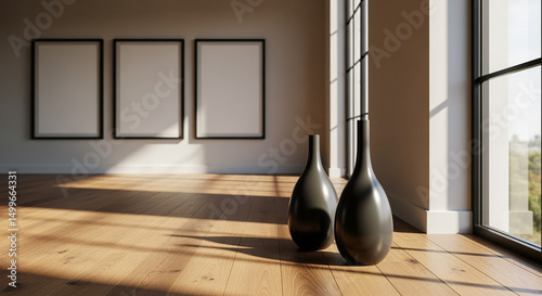 Modern minimalist interior with dark vases empty frames and sunlit wooden floor
