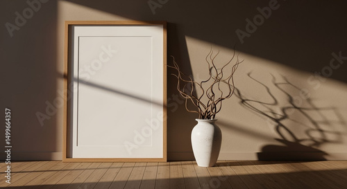 Sunlit empty picture frame and decorative vase