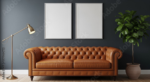 Brown leather Chesterfield sofa floor lamp plant blank frames on wall