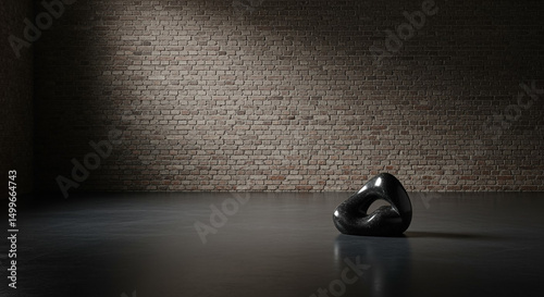 Modern abstract black marble sculpture on concrete floor in dark empty brick wall room