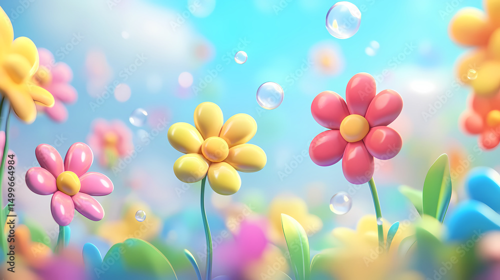 Obraz premium Colorful Cartoon Flowers in a Spring Meadow