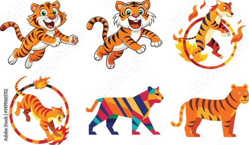 Tiger Mascot, Tiger Jumping,  A set of Tiger jumping silhouette using flat solid black color design, vector illustration design on a white background.


