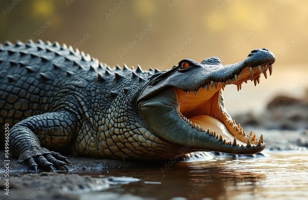 Fototapeta premium Dangerous crocodile with open mouth. Wild animal in water with sharp teeth. Predator reptile with rough skin. Wildlife concept, nature background. Crocodile in natural habitat. Reptile zoo.