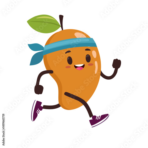 Cartoon mango fruit character running with headband and sneakers. Sporty and active fruit mascot in flat style illustration