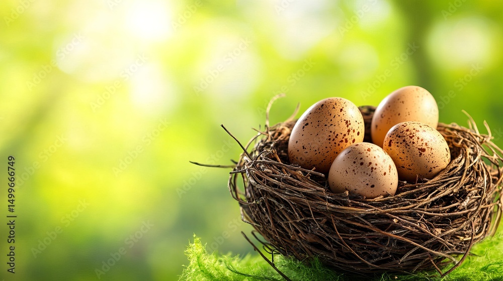 Obraz premium Speckled eggs rest inside a woven nest situated on vibrant green moss against a softly blurred background.