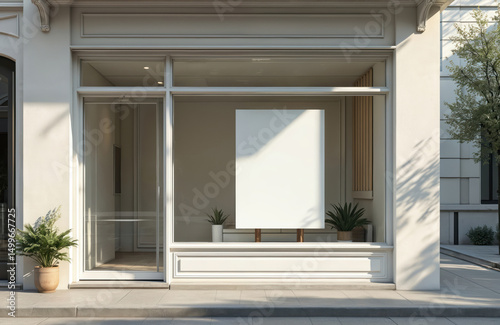 Empty shop window display in city setting. Blank space for advertising, product showcase. Commercial retail business concept. Urban storefront, building facade, street, sunlight.