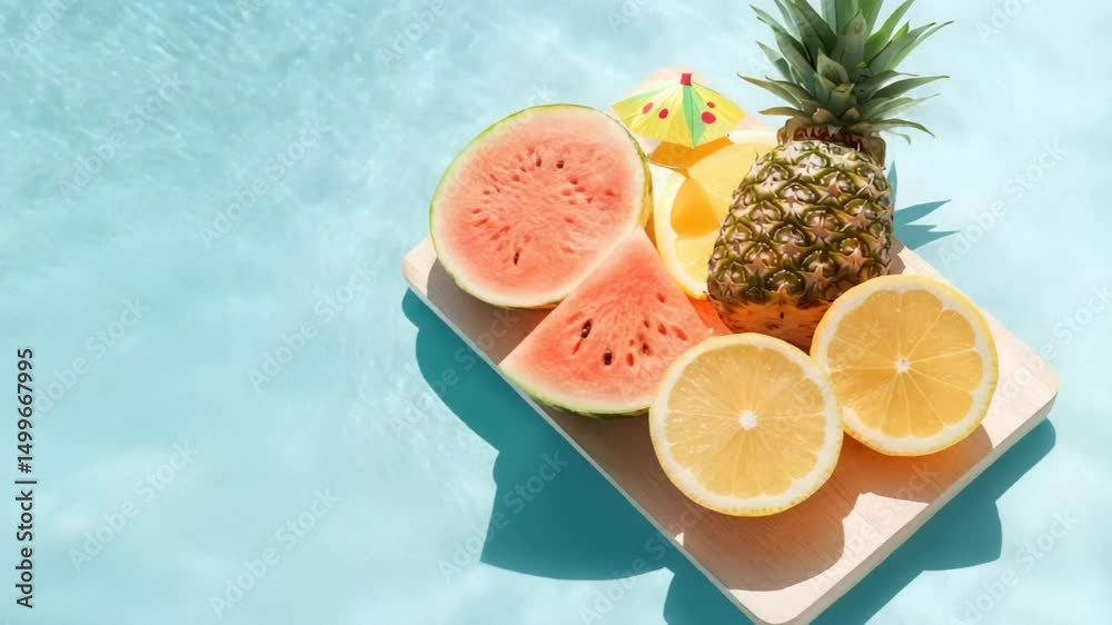 A vibrant tropical fruit platter with watermelon, pineapple, and citrus on a poolside, evoking summer relaxation