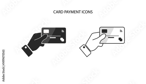 Icon of a hand holding a card payment, shown in solid and outline styles. Represents card payment.
