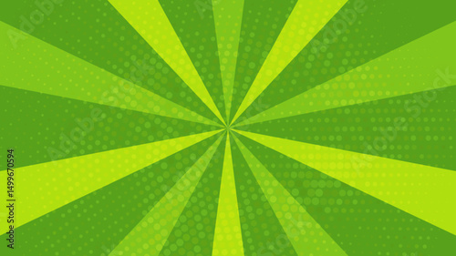 Retro lime green sun rays on halftone bg. Pop art comic cartoon
