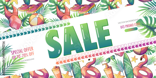 tropical summer banner sale with palm leaves, monstera and painted summer holiday attributes, flamingo, ball, swimsuit, surfboard, sunscreen, flip-flops.