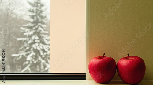 Red apples by snowy window.