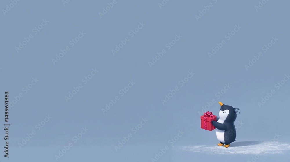 Obraz premium Penguin Holding Gift with Winter Scene.