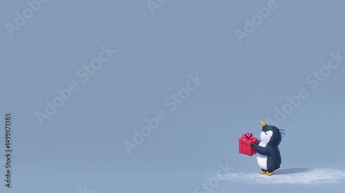 Penguin Holding Gift with Winter Scene.
