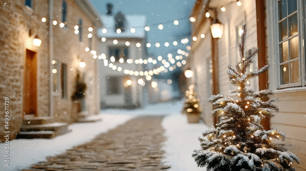 Fototapeta premium Magical winter evening with twinkling lights and decorated christmas tree in snowy alley