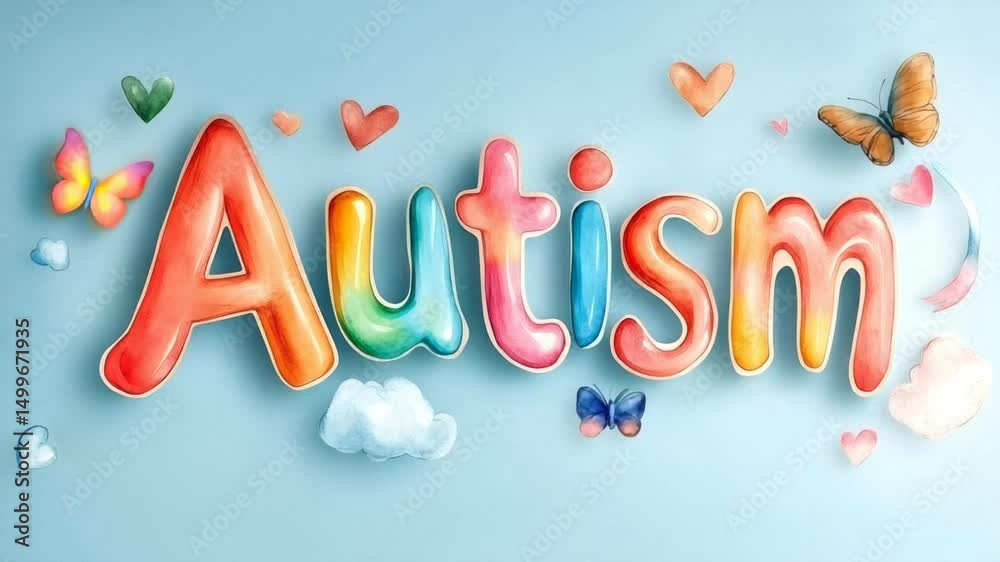 Colorful letters spell 'Autism' surrounded by butterflies, hearts, and clouds, symbolizing awareness and neurodiversity