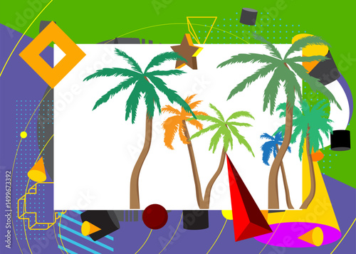 Palm Tree geometrical graphic retro theme background. Minimal geometric elements. Vintage abstract shapes vector illustration.