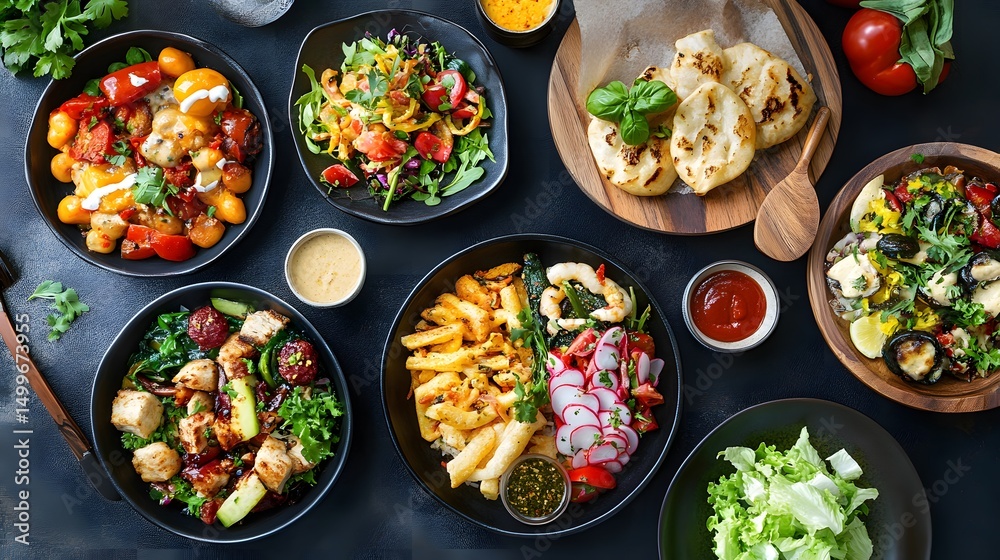 A vibrant lunch service area featuring a variety of delicious hot and cold dishes to satisfy every palate. A vibrant lunch service area featuring a variety of delicious hot and cold dishes to satisfy every palate.