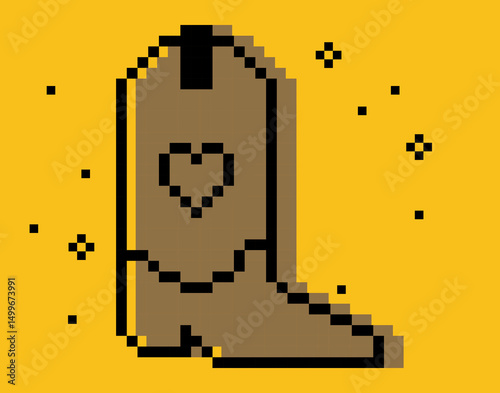 Y2k inspired cowboy boot pixel art brown color element. Trendy western collage sticker. 8 bit retro style vector illustration. Simple geometric shape. Game abstract wild west fashion icon