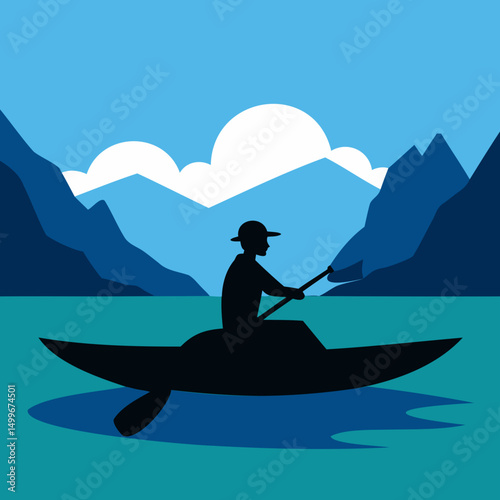 Silhouette of a kayaker paddling on a lake surrounded by mountains under a cloudy sky in blue tones