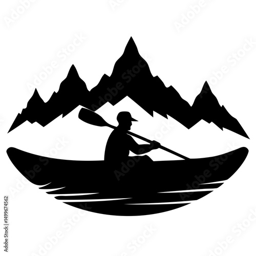 Silhouette of a person kayaking on water with mountains in the background in a monochrome illustration
