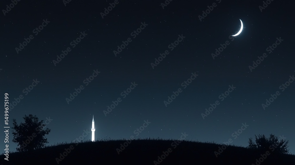 Naklejka premium Night sky with crescent moon, and lone tower.