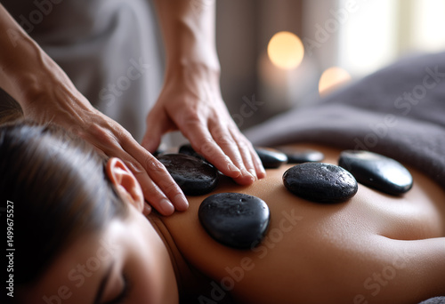Mujer acostada recibe masaje con piedras calientes en la espalda en ambiente de spa relajante.Sanación natural, equilibrio energético, relajación profunda,
