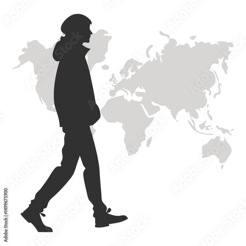 Silhouette of man walking over world map background symbolizing travel and exploration