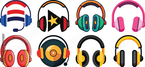 Headphones, microphone, laptop, equalizer, speech bubbles. Podcast recording and listening, broadcasting, online radio, audio streaming service Concept. Hand drawn Vector set. Isolated elements

