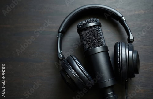 Top view microphone and headphones on black wooden background. Professional studio recording equipment for podcast, music production, radio broadcasting. Digital audio, vocal performance.