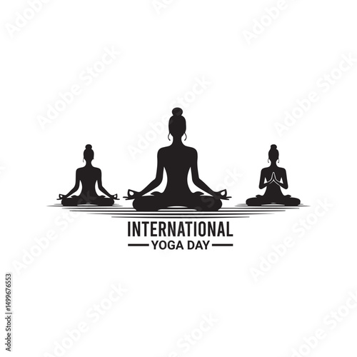 International Yoga Day Silhouette Vector Illustration, Solid White Background.