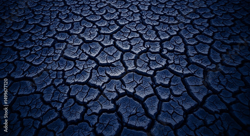 Cracked dry earth texture in dark blue showing severe drought conditions and environmental impact