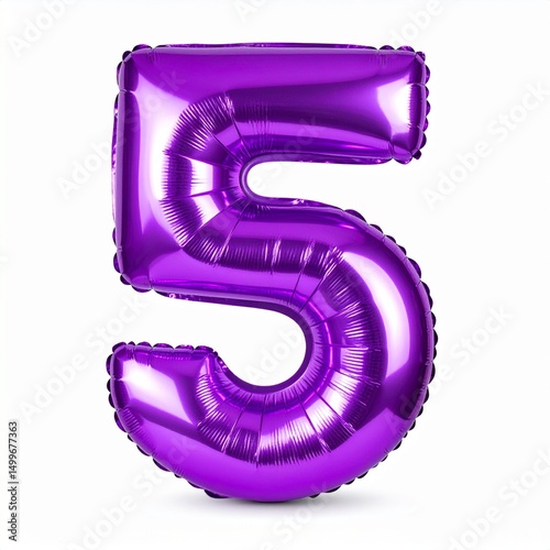 Purple balloon number 5 with solid white background for birthday or anniversary party