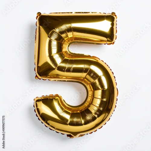 Gold balloon number 5 with solid white background for birthday or anniversary party
