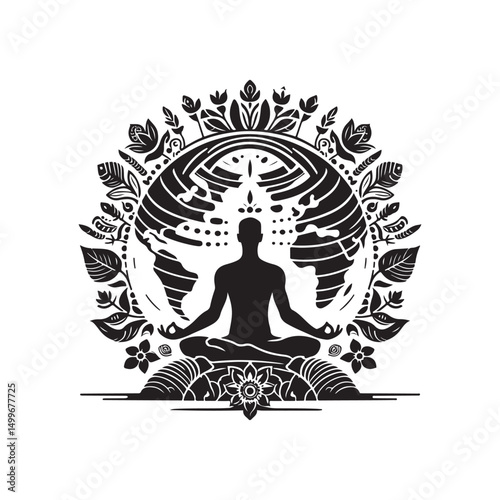 International Yoga Day Silhouette Vector Illustration, Solid White Background.